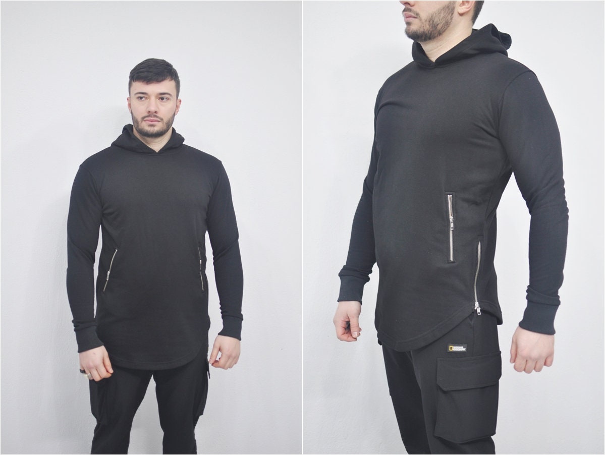 XS - 8XL Men's Asymmetric Zip-up Sides and Pockets Curved Hem Hooded Fitted HoodieTop,Steampunk Cyberpunk Gothic,Fleece Streetwear-BB0145