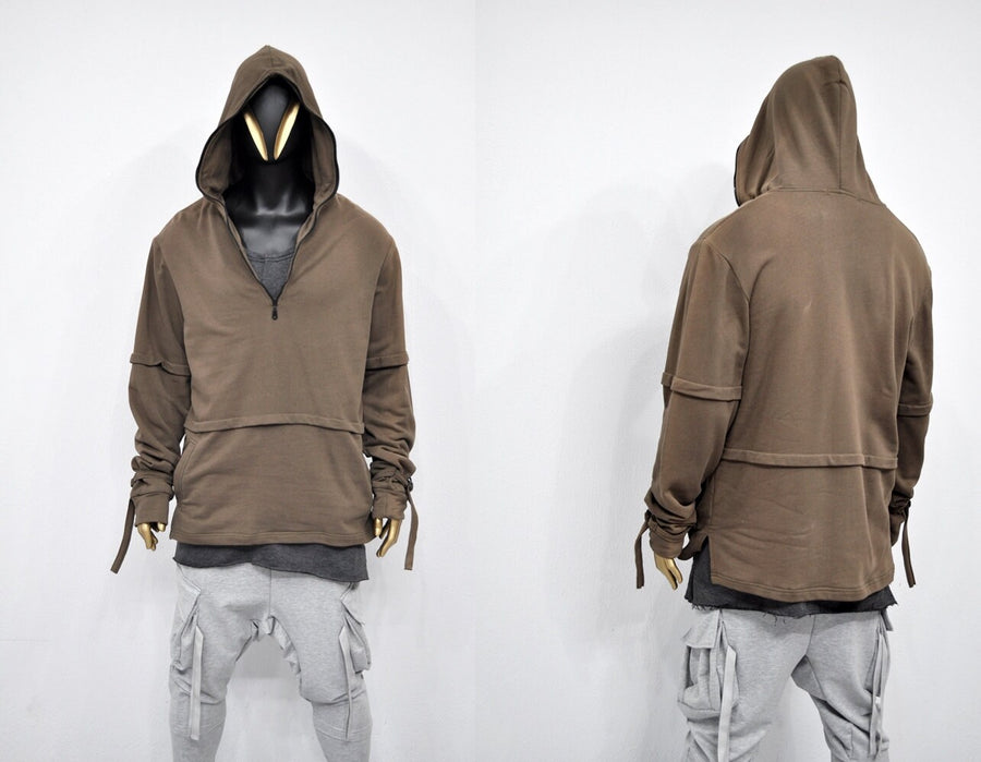 XS-8XL Men's Half Zip Side Slit Wrap Sleeve,Asymmetrical Long Sleeve Pullover Shirt,Jumper Hoodie,Drop Shoulder,Apocalyptic Dystopian-BB087