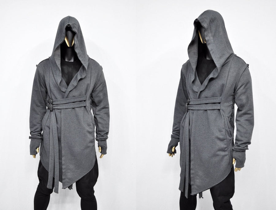 XS-8XL Men's Creed GiantHood Asymetric Cardigan JACKET Hoodie,Ashassin SteamPunk Thumb Hole,Kimono Futuristic-Apocalyptic Dystopian-BB0102