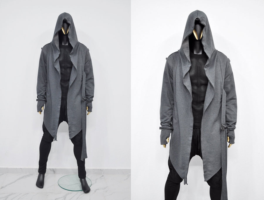 XS-8XL Men's Creed GiantHood Asymetric Cardigan JACKET Hoodie,Ashassin SteamPunk Thumb Hole,Kimono Futuristic-Apocalyptic Dystopian-BB0102
