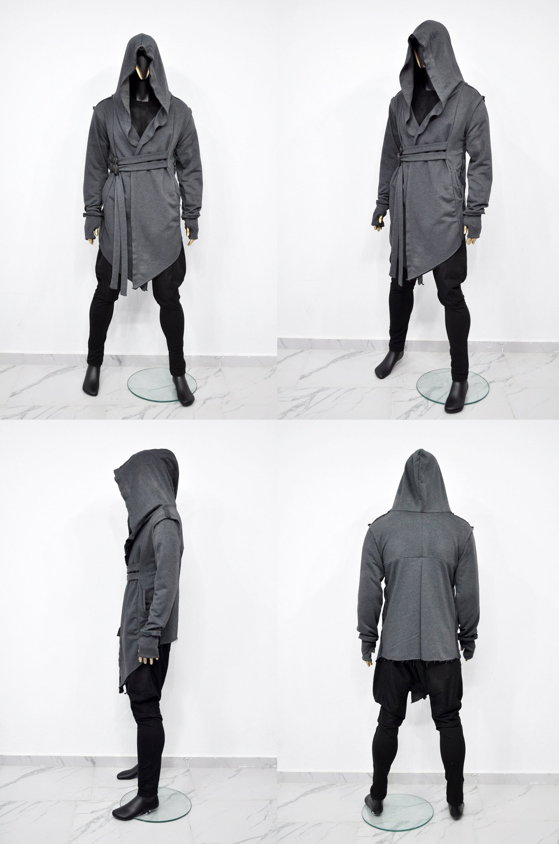 XS-8XL Men's Creed GiantHood Asymetric Cardigan JACKET Hoodie,Ashassin SteamPunk Thumb Hole,Kimono Futuristic-Apocalyptic Dystopian-BB0102