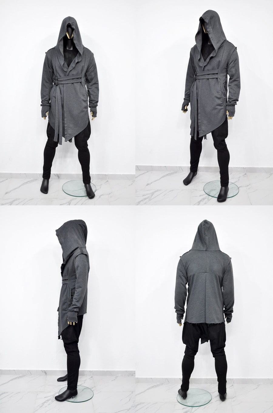 XS-8XL Men's Creed GiantHood Asymetric Cardigan JACKET Hoodie,Ashassin SteamPunk Thumb Hole,Kimono Futuristic-Apocalyptic Dystopian-BB0102