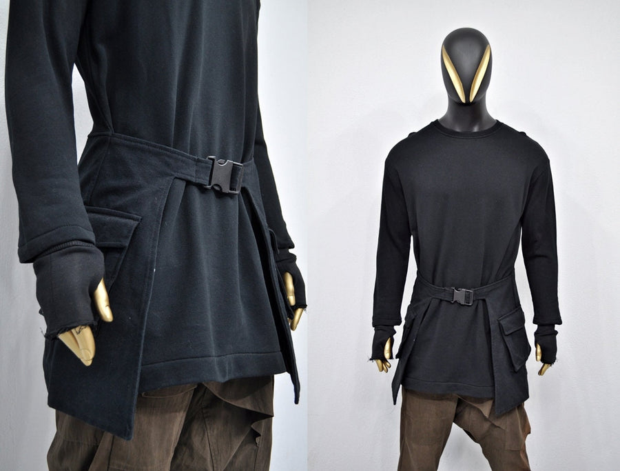 XS - 8XL Long Dress Utility Contrast Side Pockets,Round Neck Long Sleeves,Adjustable Belt,Steampunk Cyberpunk Gothic,Fleece Streetwear-BB144