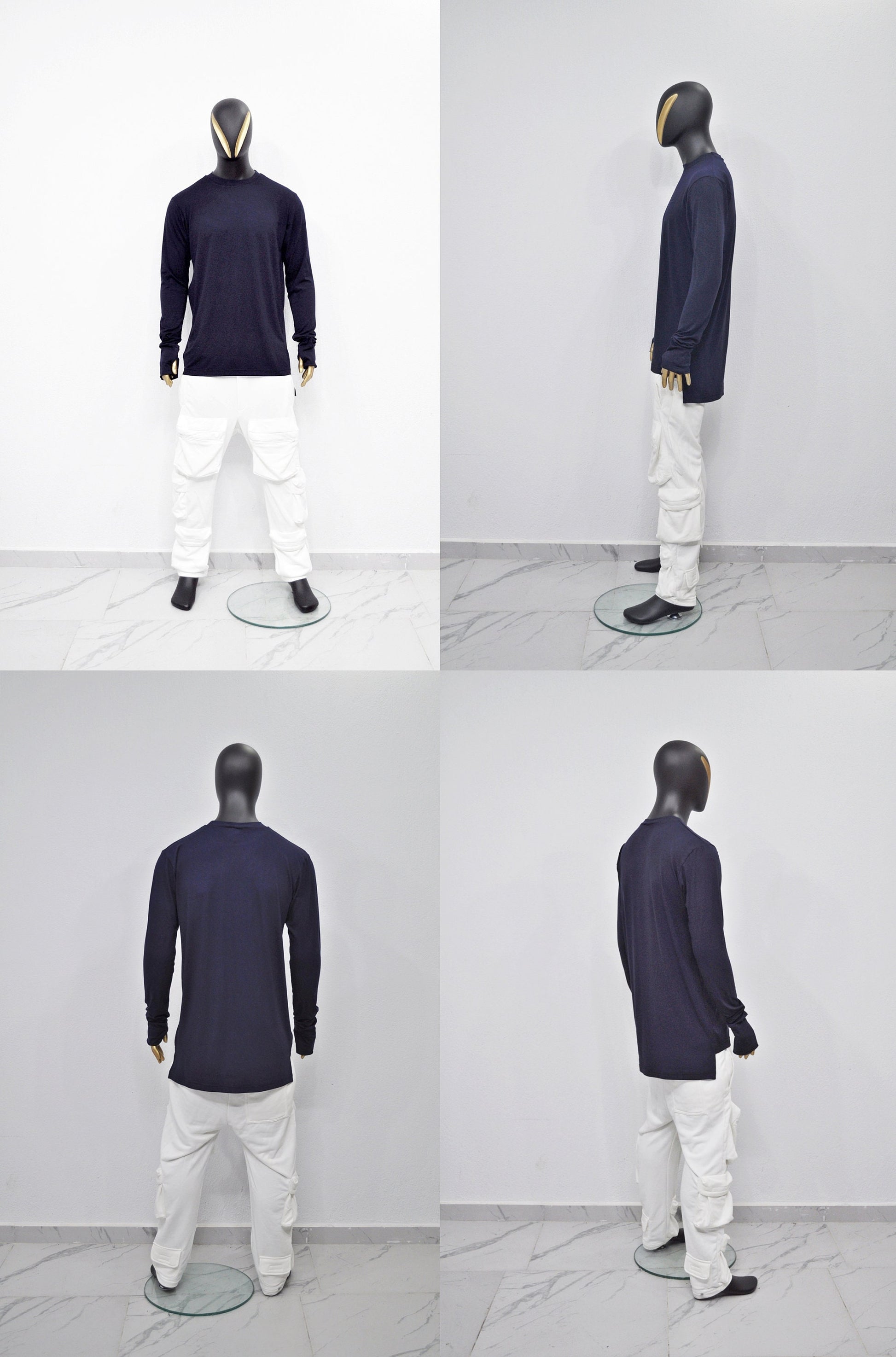 XS-8XL Men's Navy Side Slit Extended Long Sleeve T-shirt,Wide Neck Capsule Collection,Elongated Thumb Hole Cuffs Neon,Streetwear Shirt-BB422