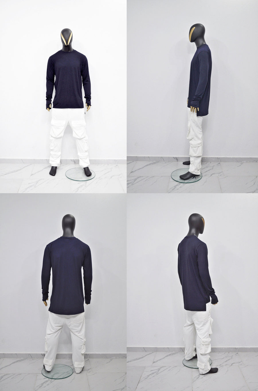 XS-8XL Men's Navy Side Slit Extended Long Sleeve T-shirt,Wide Neck Capsule Collection,Elongated Thumb Hole Cuffs Neon,Streetwear Shirt-BB422