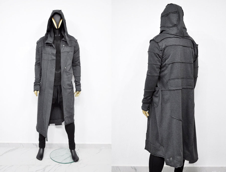 XS-8XL Quilted Sleeves and Back Overlong Cardigan JACKET,Cyber Goth Jacket,Asymmetric Punk Cosplay, Futuristic- Apocalyptic Dystopian-BB155