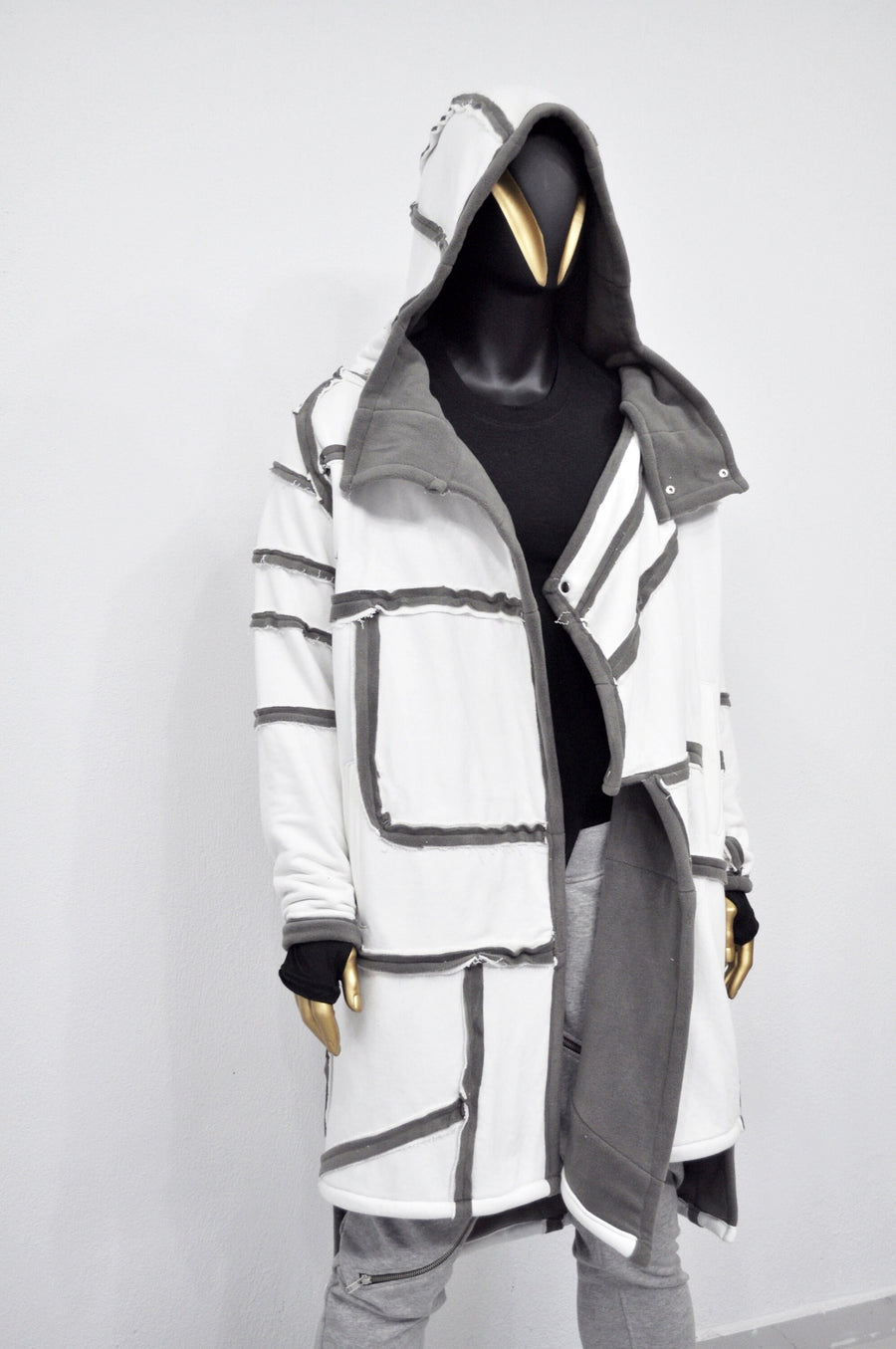 XS-8XL Cozy Sherpa Liner Fleece Outer Quilted Sleeves Overlong Cardigan JACKET , Cyber ,Ashassin Asymmetric Punk,Futuristic-Apocalypt-BB0163