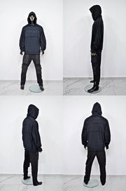 XS-8XL Men's Navy Techwear Thumb Hole Quilted Jumper Hoodie,Biker Drop Shoulder,Pintuck Ribbing Pullover,Cyber SteamPunk,Futuristic-BB285ÜST