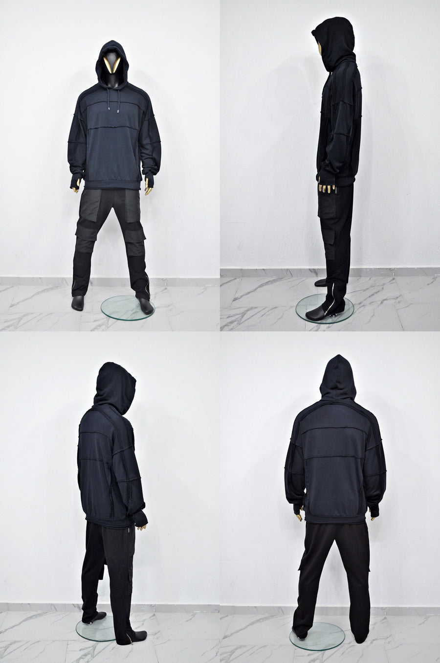 XS-8XL Men's Navy Techwear Thumb Hole Quilted Jumper Hoodie,Biker Drop Shoulder,Pintuck Ribbing Pullover,Cyber SteamPunk,Futuristic-BB285ÜST