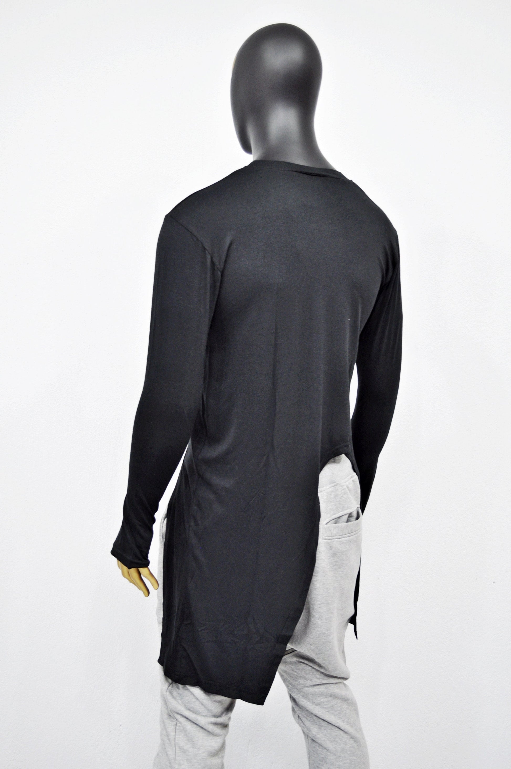 XS-8XL Long Sleeve Viscose Cotton Asymmetrical Cut,Round Neck LongTuxedo Tail Tshirt,Overlong Loose,Irregular,Streetwear Extended-BB418