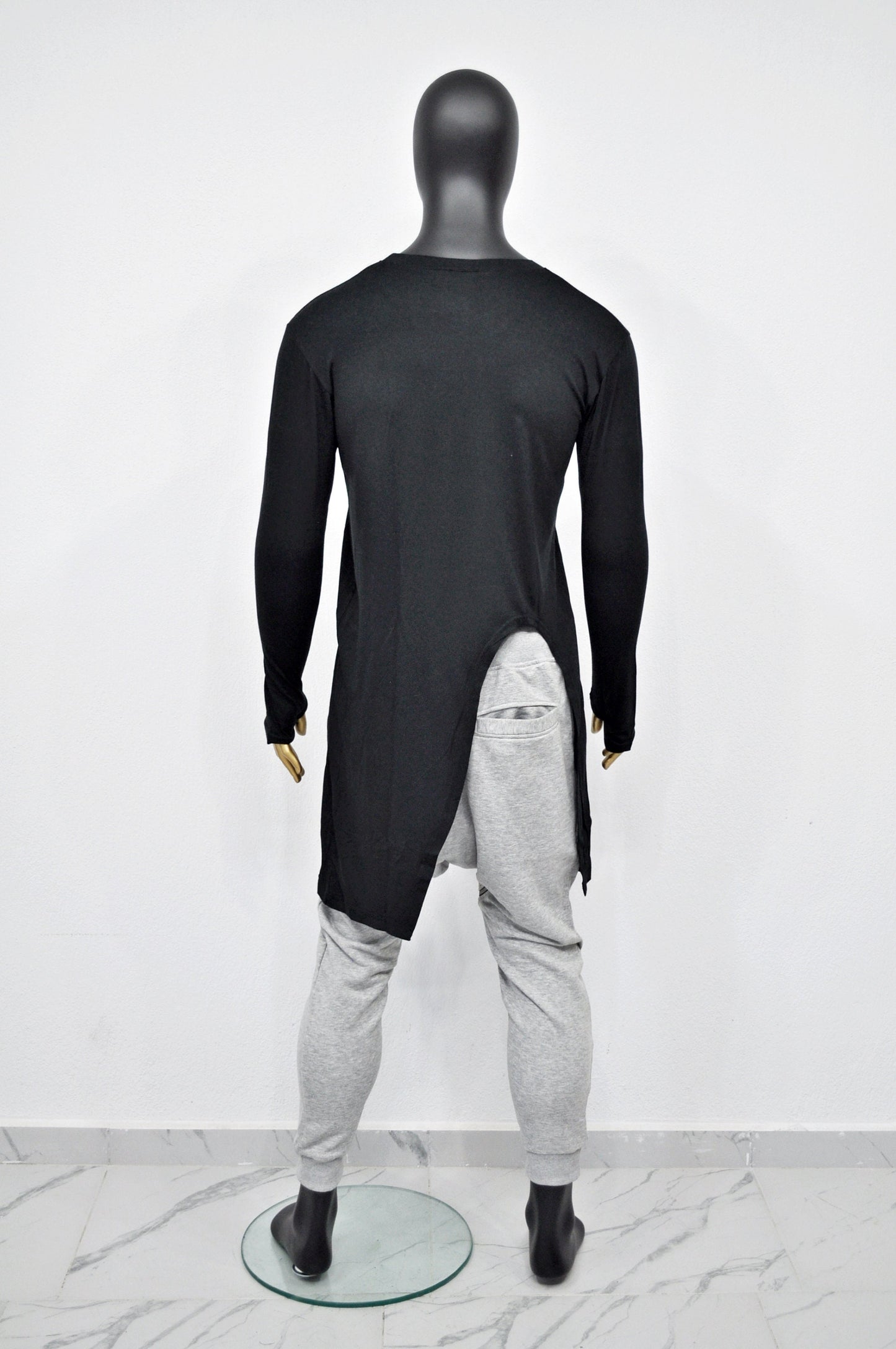 XS-8XL Long Sleeve Viscose Cotton Asymmetrical Cut,Round Neck LongTuxedo Tail Tshirt,Overlong Loose,Irregular,Streetwear Extended-BB418