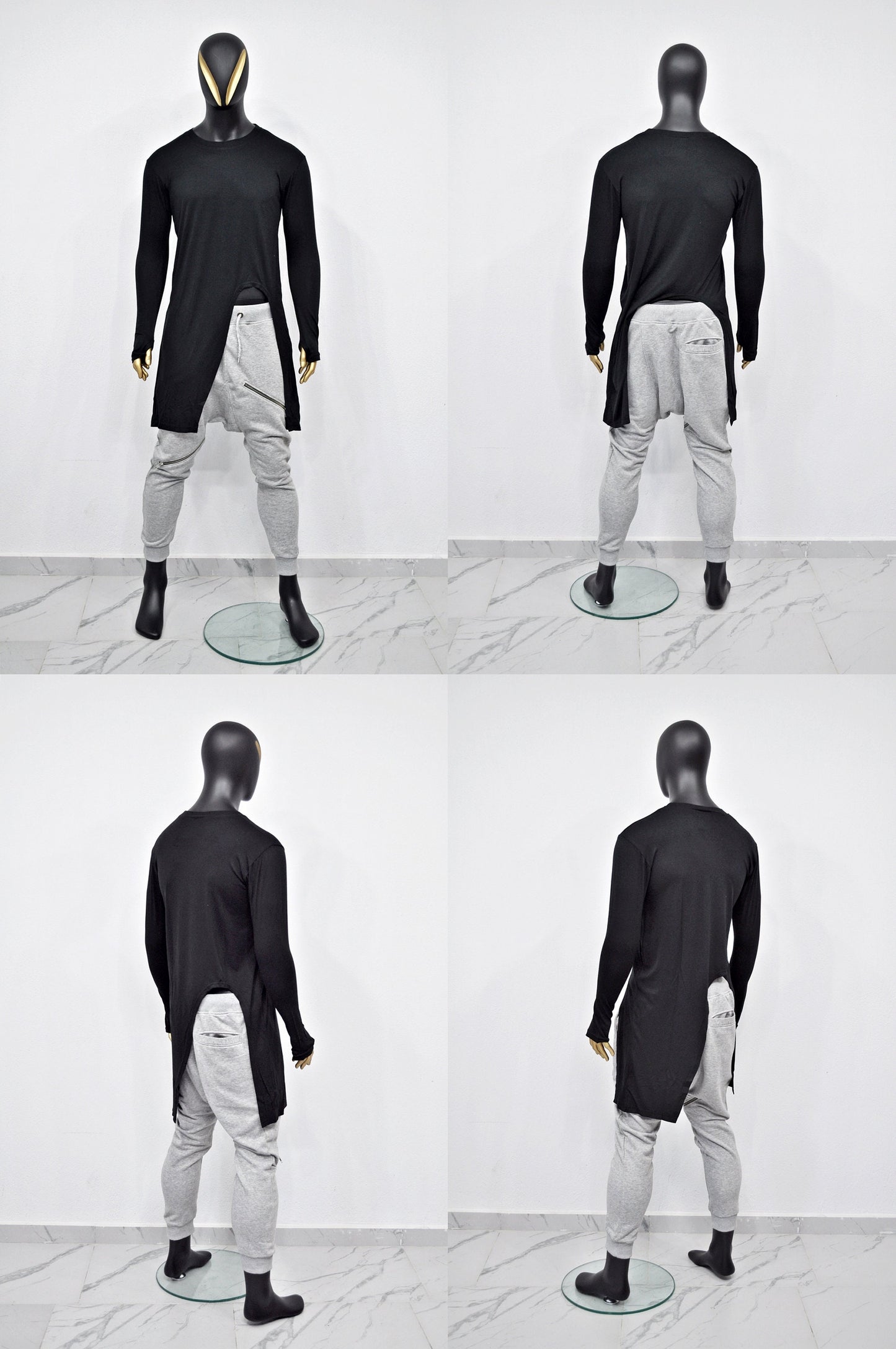 XS-8XL Long Sleeve Viscose Cotton Asymmetrical Cut,Round Neck LongTuxedo Tail Tshirt,Overlong Loose,Irregular,Streetwear Extended-BB418
