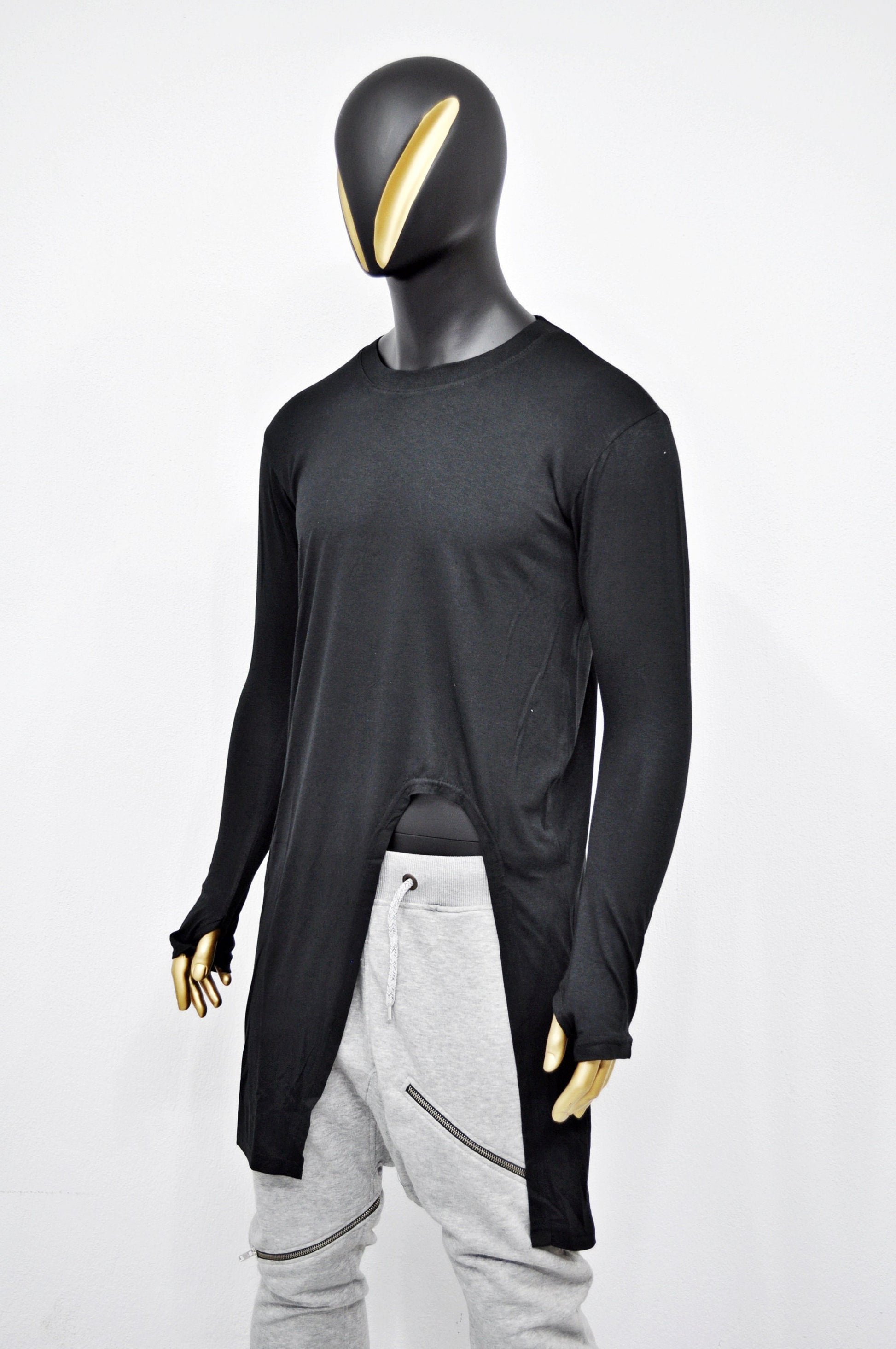 XS-8XL Long Sleeve Viscose Cotton Asymmetrical Cut,Round Neck LongTuxedo Tail Tshirt,Overlong Loose,Irregular,Streetwear Extended-BB418