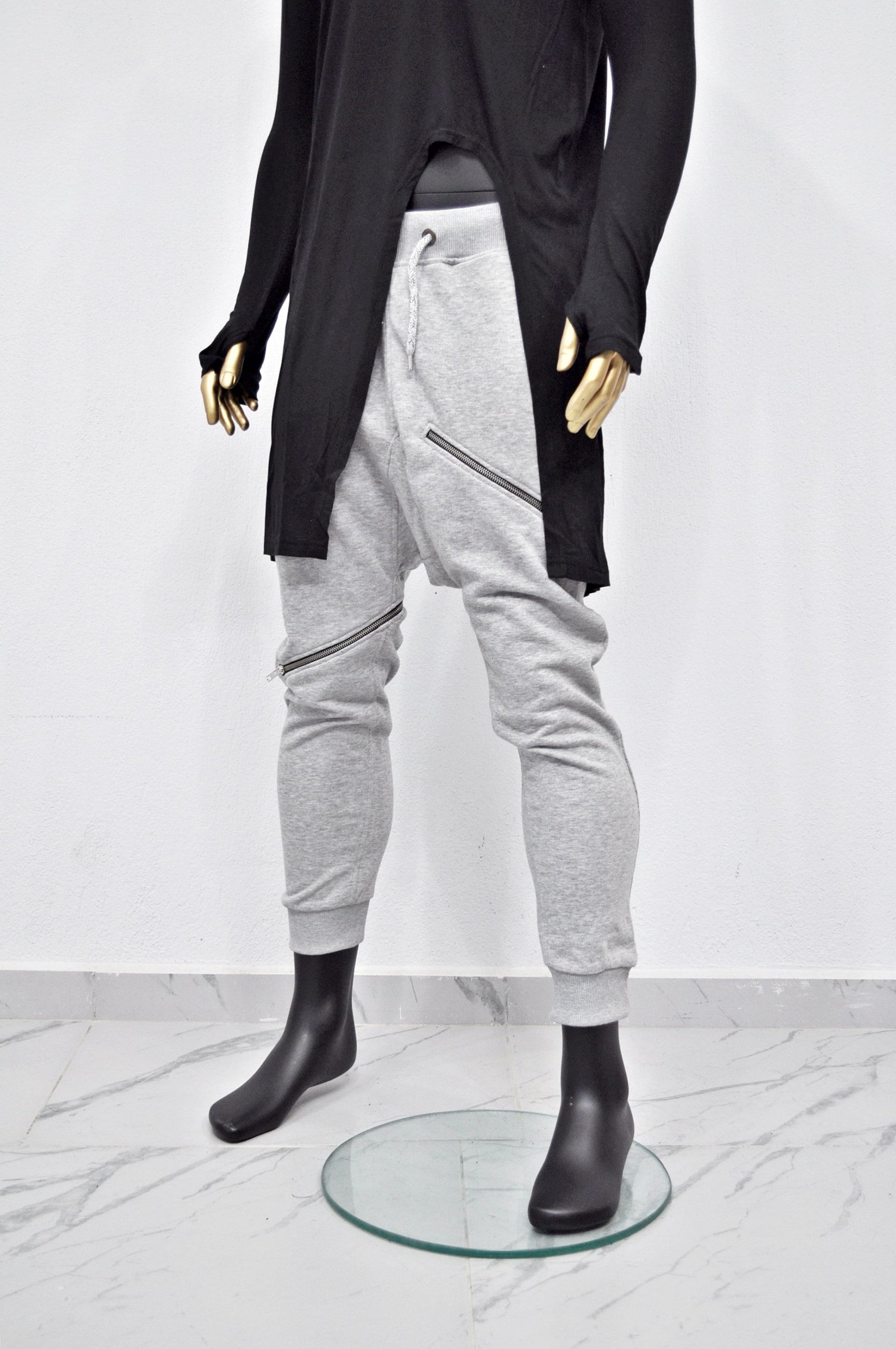 XS - 8XL Men's Front 3way Zipper Jogger,Low Crotch Harem Jogger ,Relaxed Sweatpants,Slim Fit Tappered, Steampunk,Gothic,Streetwear-BB276