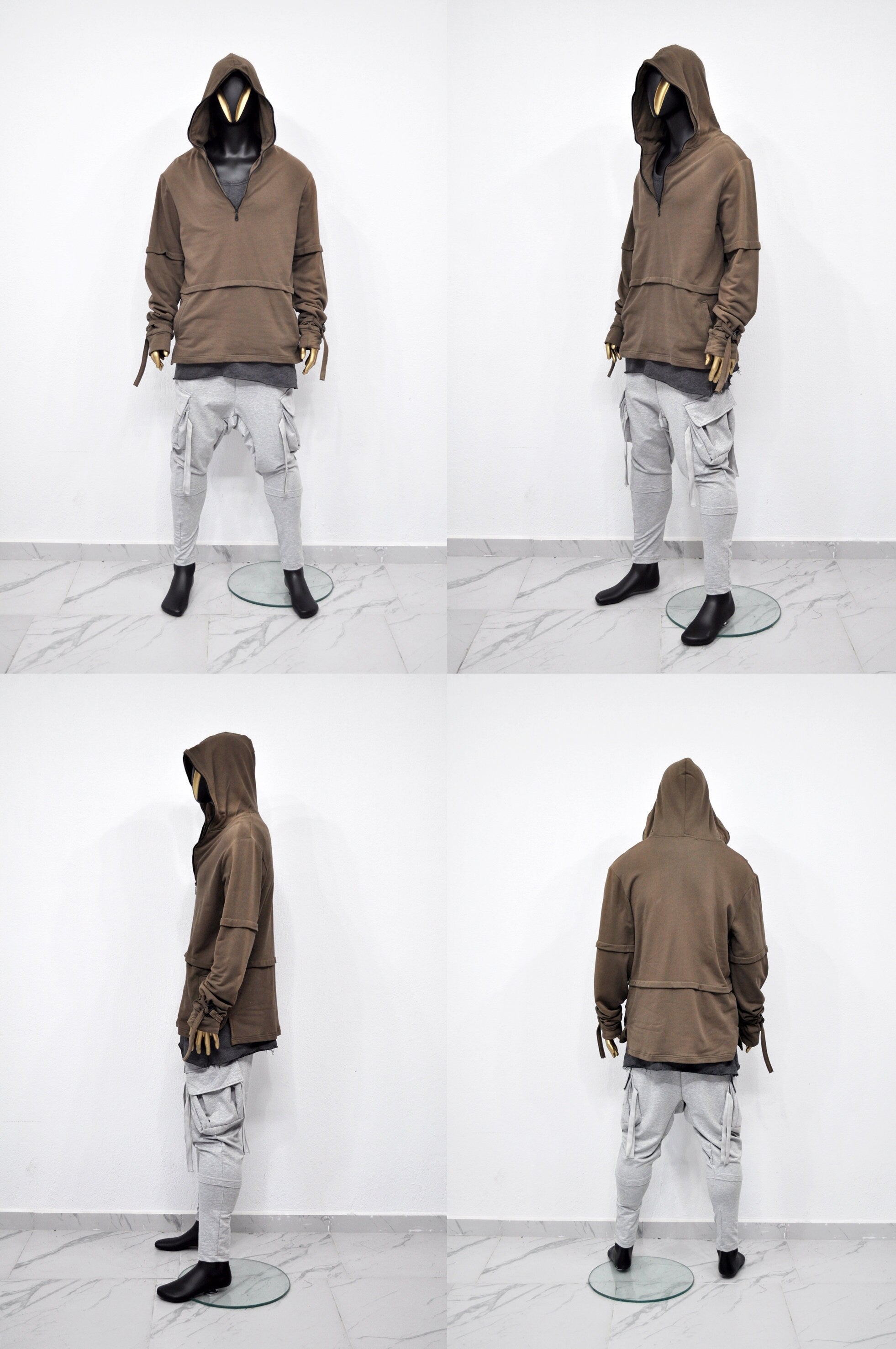 XS-8XL Men's Half Zip Side Slit Wrap Sleeve,Asymmetrical Long Sleeve Pullover Shirt,Jumper Hoodie,Drop Shoulder,Apocalyptic Dystopian-BB087