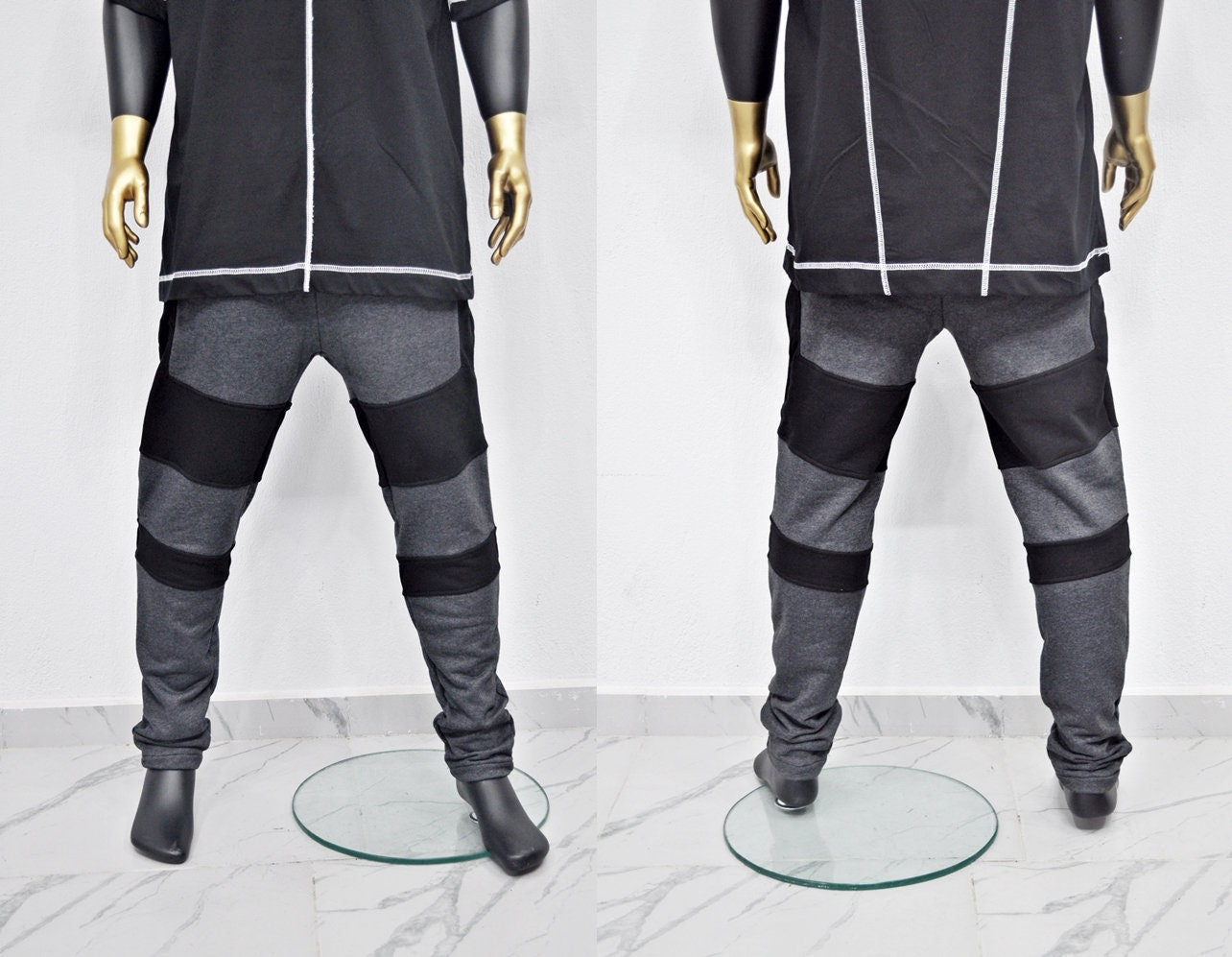 XS - 8XL Men's Biker Drop Crotch Shadow Joggers-Black Panel Elastic Band Tapered Leg Trouser,Zip Pockets Relaxed Sweatpants,Streetwear-BB253