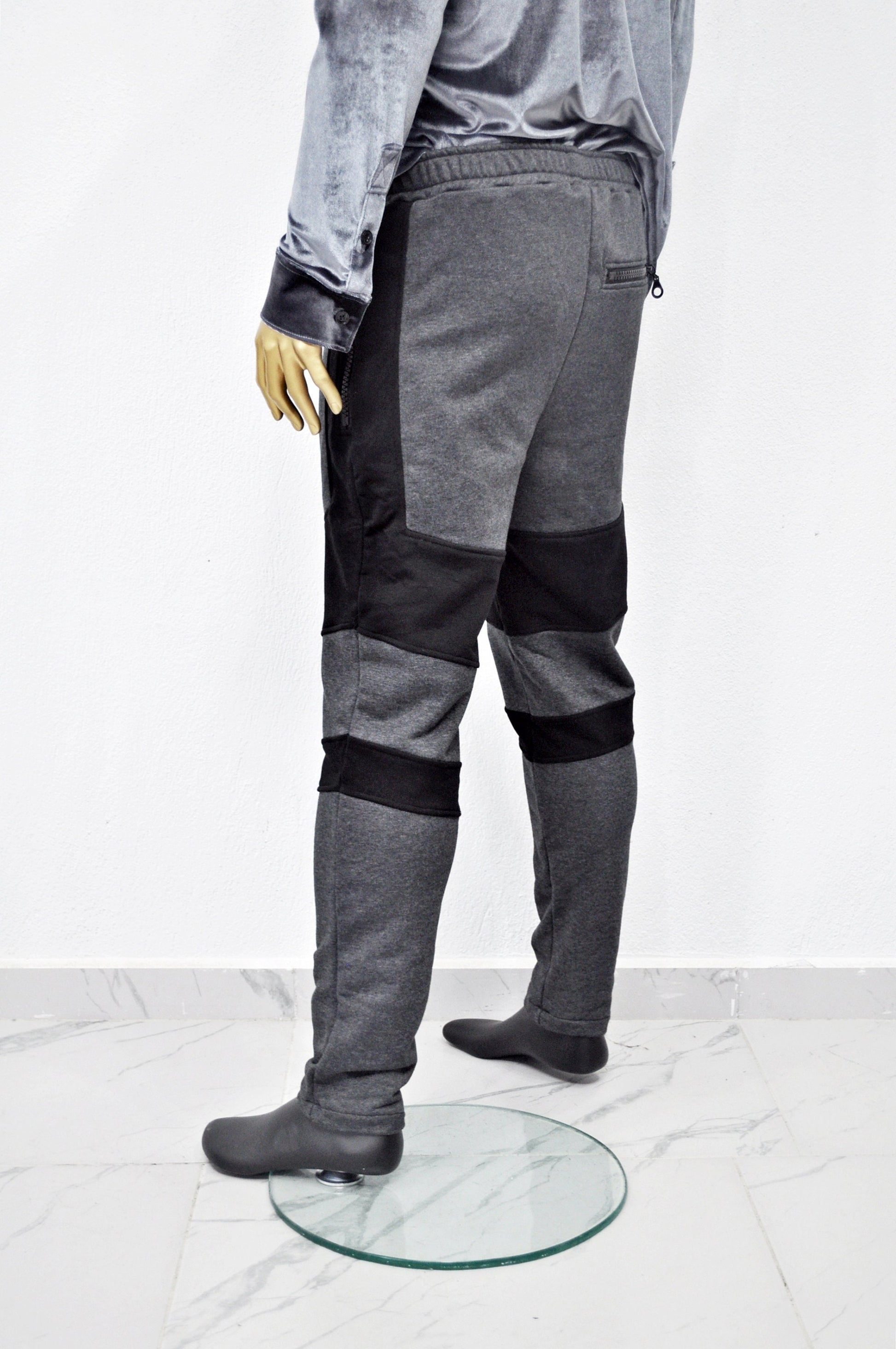 XS - 8XL Men's Biker Drop Crotch Shadow Joggers-Black Panel Elastic Band Tapered Leg Trouser,Zip Pockets Relaxed Sweatpants,Streetwear-BB253