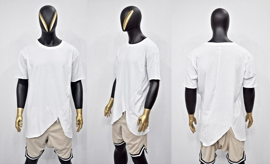XS-8XL Men's Asymmetrical Front Cut Short Sleeve Relaxed T-shirt,Round Neck Capsule Collection,Extended Essentials,Streetwear Shirt-BB434