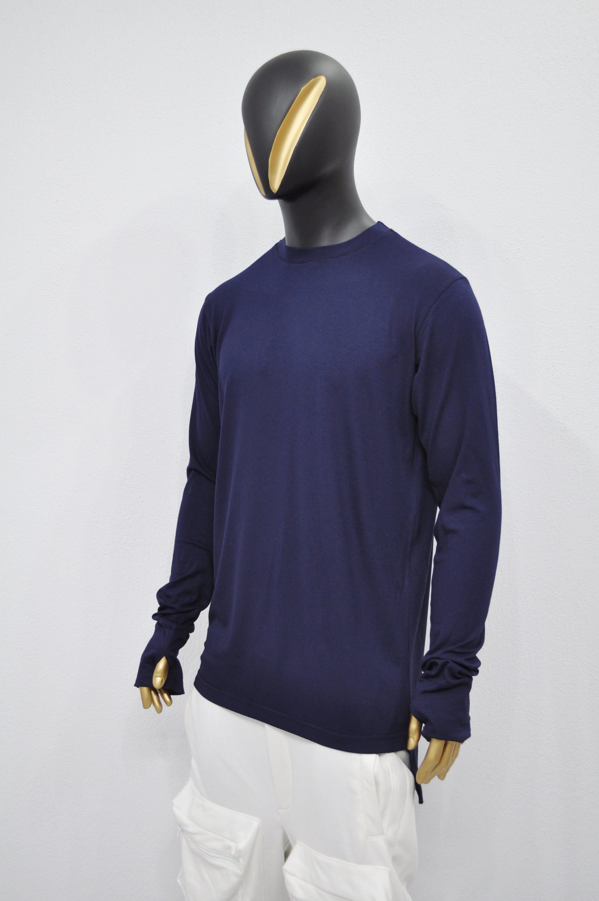 XS-8XL Men's Navy Side Slit Extended Long Sleeve T-shirt,Wide Neck Capsule Collection,Elongated Thumb Hole Cuffs Neon,Streetwear Shirt-BB422