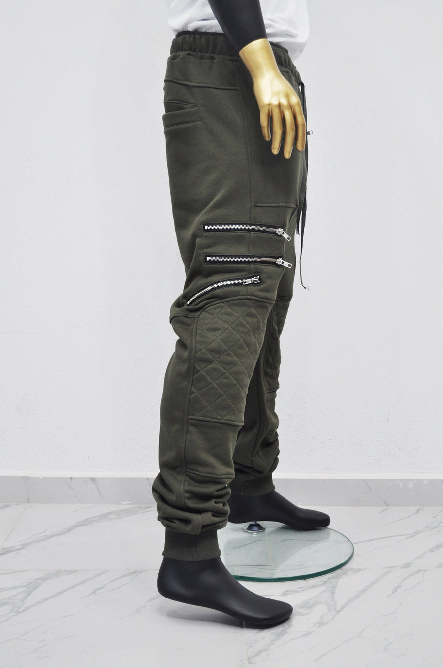 XS-8XL Men's Biker ZIP JOGGERS,Elastic Waist,Zip Leg Pockets,Diamond-Quilted Knee,Low Crotch Relaxed Sweatpant,Slim Tappered,Steampunk-BB290