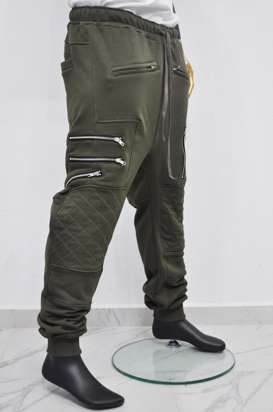 XS-8XL Men's Biker ZIP JOGGERS,Elastic Waist,Zip Leg Pockets,Diamond-Quilted Knee,Low Crotch Relaxed Sweatpant,Slim Tappered,Steampunk-BB290