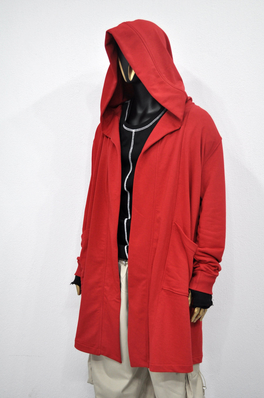 XS-8XL Red Oversize Overlong Loose Cardigan with Hood,Side Pockets Windbreaker Cloak,Cyberpunk Techwear Cape Coat, Futuristic Clothes- BB159
