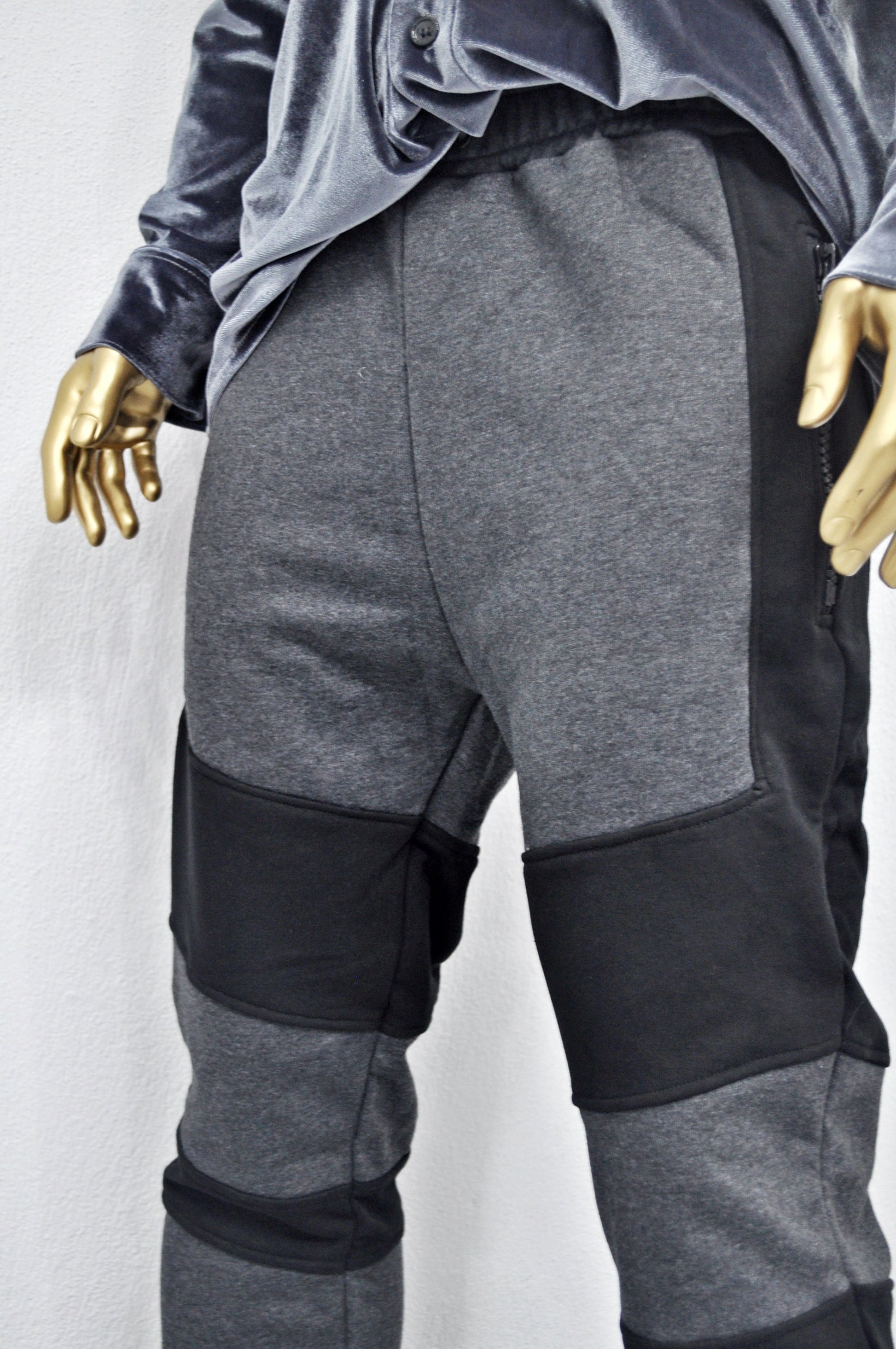 XS - 8XL Men's Biker Drop Crotch Shadow Joggers-Black Panel Elastic Band Tapered Leg Trouser,Zip Pockets Relaxed Sweatpants,Streetwear-BB253