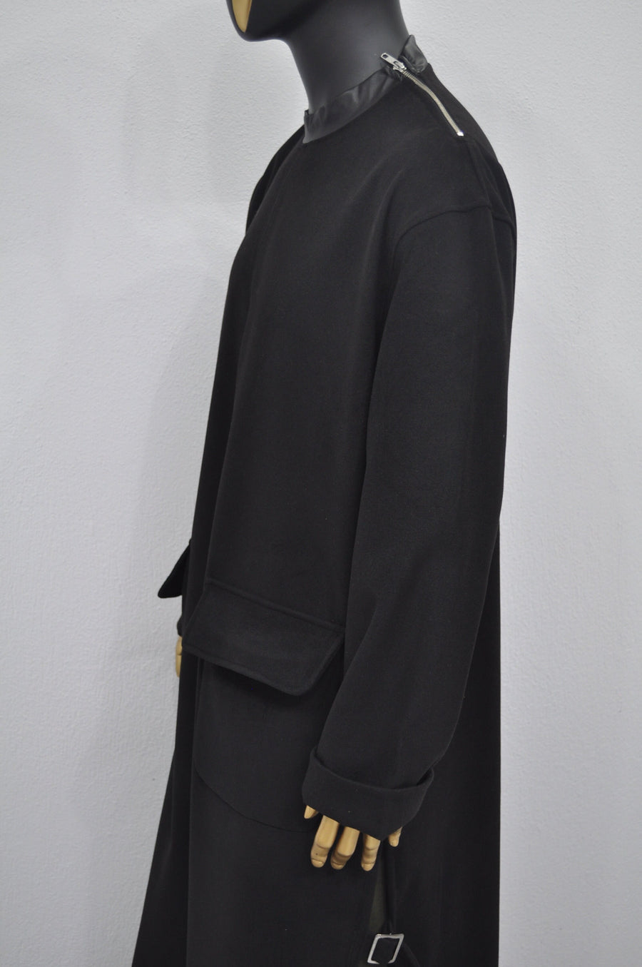 XS-8XL Leather Zip Collar Side Slit Wool Coat Dress/Unisex Long Outer,Cardigan Pancho JACKET,Goth,Punk Cosplay,Apocalyptic Dystopian-BB927