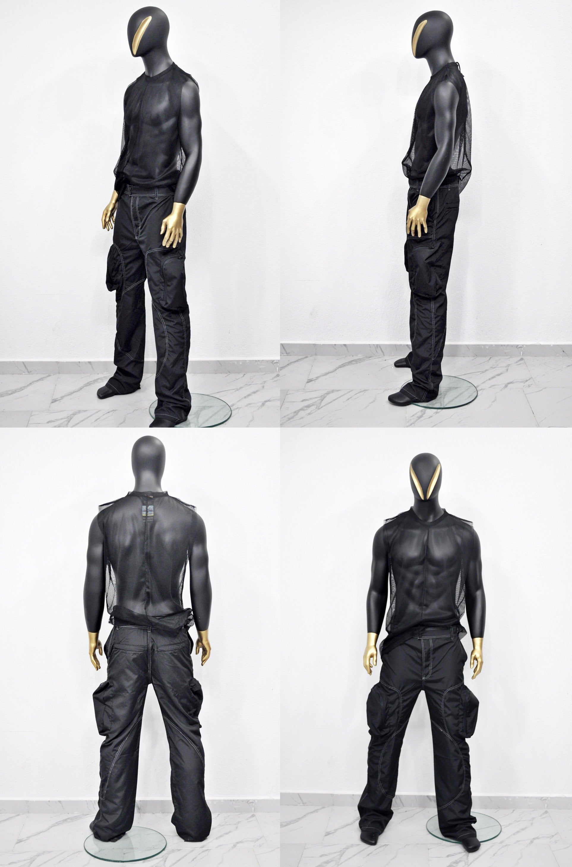 XS - 8XL Black Utility Loose 3D Contrast Stitching Cargo Pants,Relaxed,Low Crotch,Cyberpunk Steampunk,Regalo,Kreso,Ashashin Streetwear-BB291