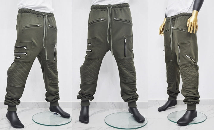 XS-8XL Men's Biker ZIP JOGGERS,Elastic Waist,Zip Leg Pockets,Diamond-Quilted Knee,Low Crotch Relaxed Sweatpant,Slim Tappered,Steampunk-BB290