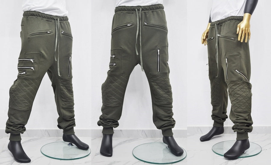 XS-8XL Men's Biker ZIP JOGGERS,Elastic Waist,Zip Leg Pockets,Diamond-Quilted Knee,Low Crotch Relaxed Sweatpant,Slim Tappered,Steampunk-BB290