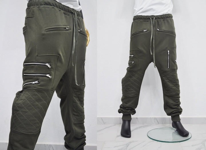XS-8XL Men's Biker ZIP JOGGERS,Elastic Waist,Zip Leg Pockets,Diamond-Quilted Knee,Low Crotch Relaxed Sweatpant,Slim Tappered,Steampunk-BB290