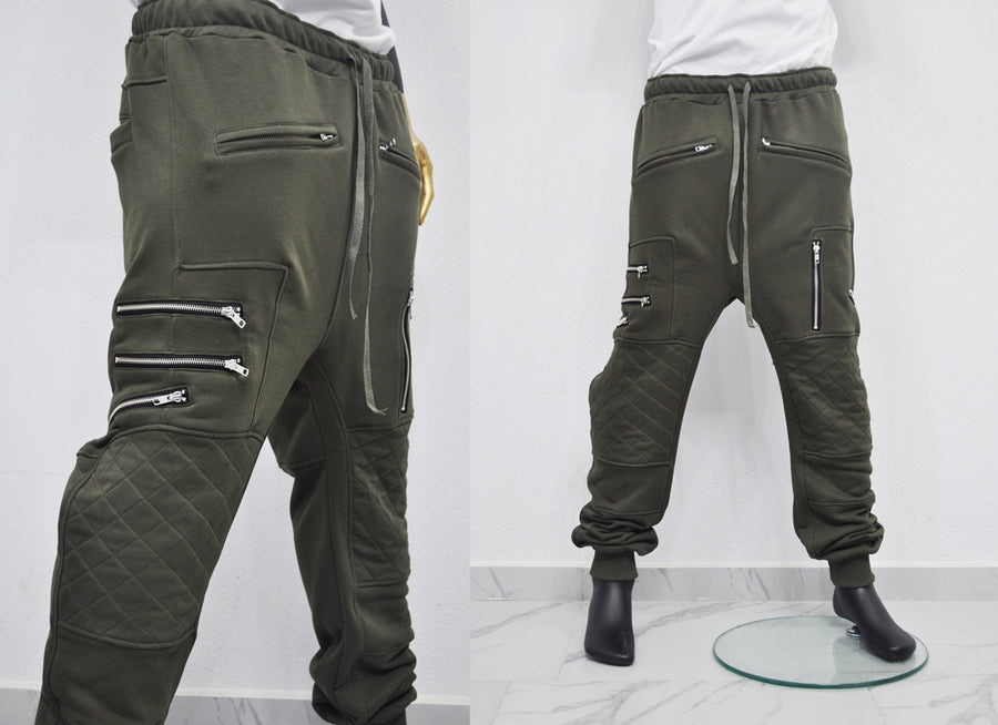 XS-8XL Men's Biker ZIP JOGGERS,Elastic Waist,Zip Leg Pockets,Diamond-Quilted Knee,Low Crotch Relaxed Sweatpant,Slim Tappered,Steampunk-BB290