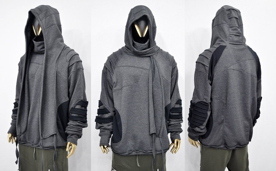 XS-8XL Washed Look Distressed Scarf Oversize Hood,High Neck Pullover,Ninja Mask Assassin,Steampunk Burning Man Designer Fashion -BB0157