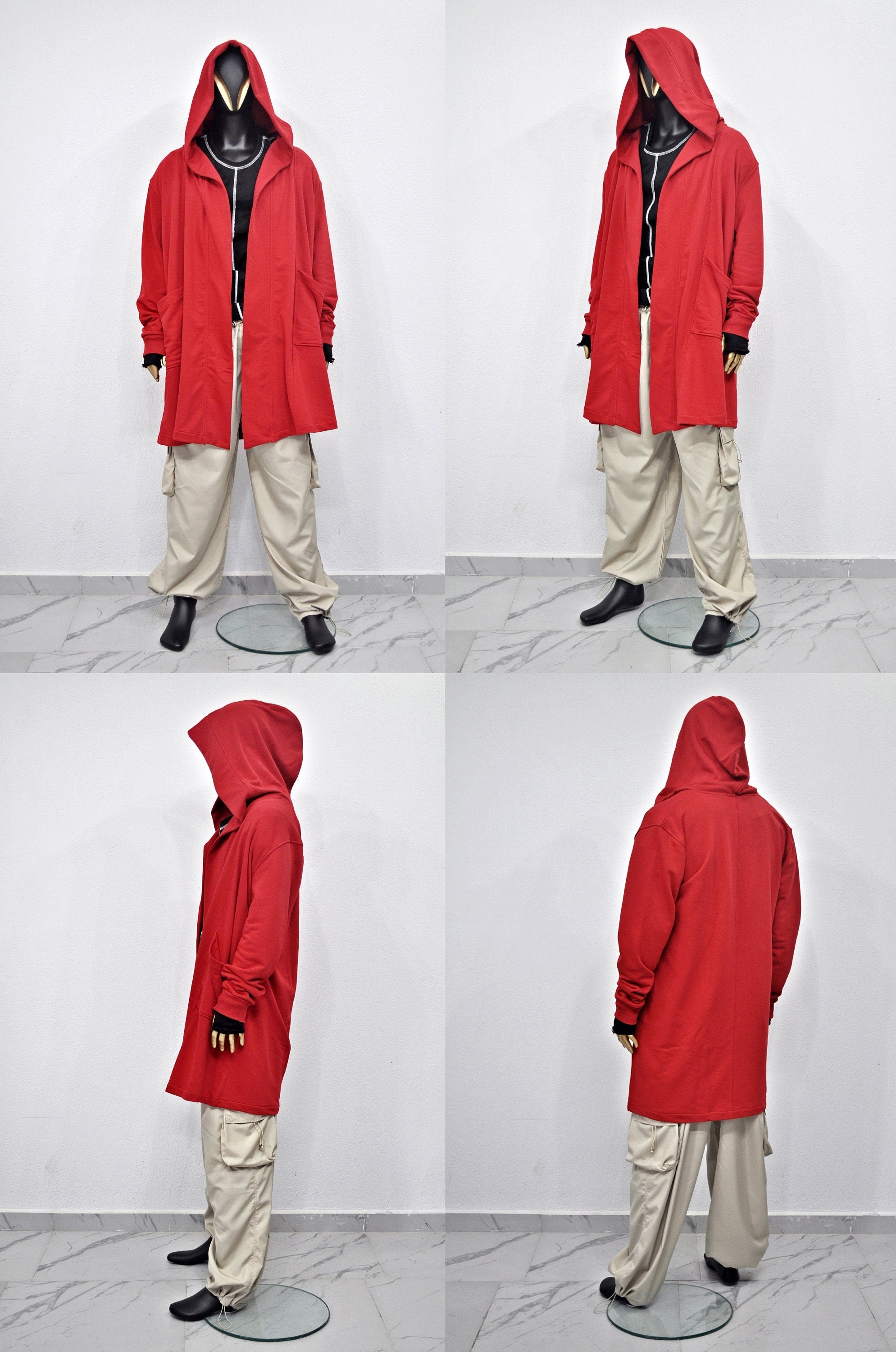 XS-8XL Red Oversize Overlong Loose Cardigan with Hood,Side Pockets Windbreaker Cloak,Cyberpunk Techwear Cape Coat, Futuristic Clothes- BB159
