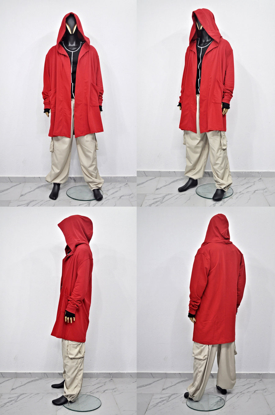 XS-8XL Red Oversize Overlong Loose Cardigan with Hood,Side Pockets Windbreaker Cloak,Cyberpunk Techwear Cape Coat, Futuristic Clothes- BB159