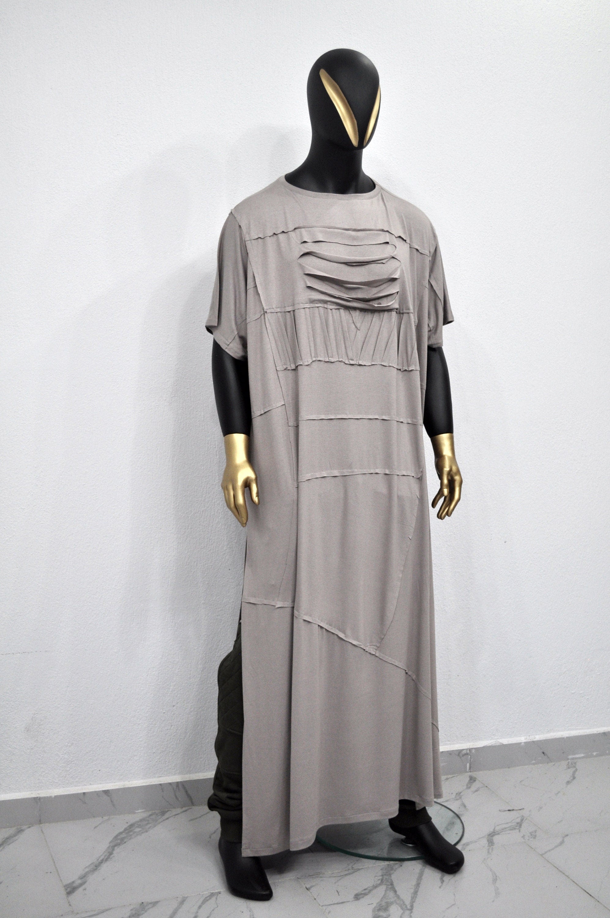 Unisex Post-Apocalyptic Cut out Braided DBAZA Maxi Long Distressed,Rip T-DRESS,Overlong Relaxed T-shirt,Tunic Kaftan Design Streetwear-BB632