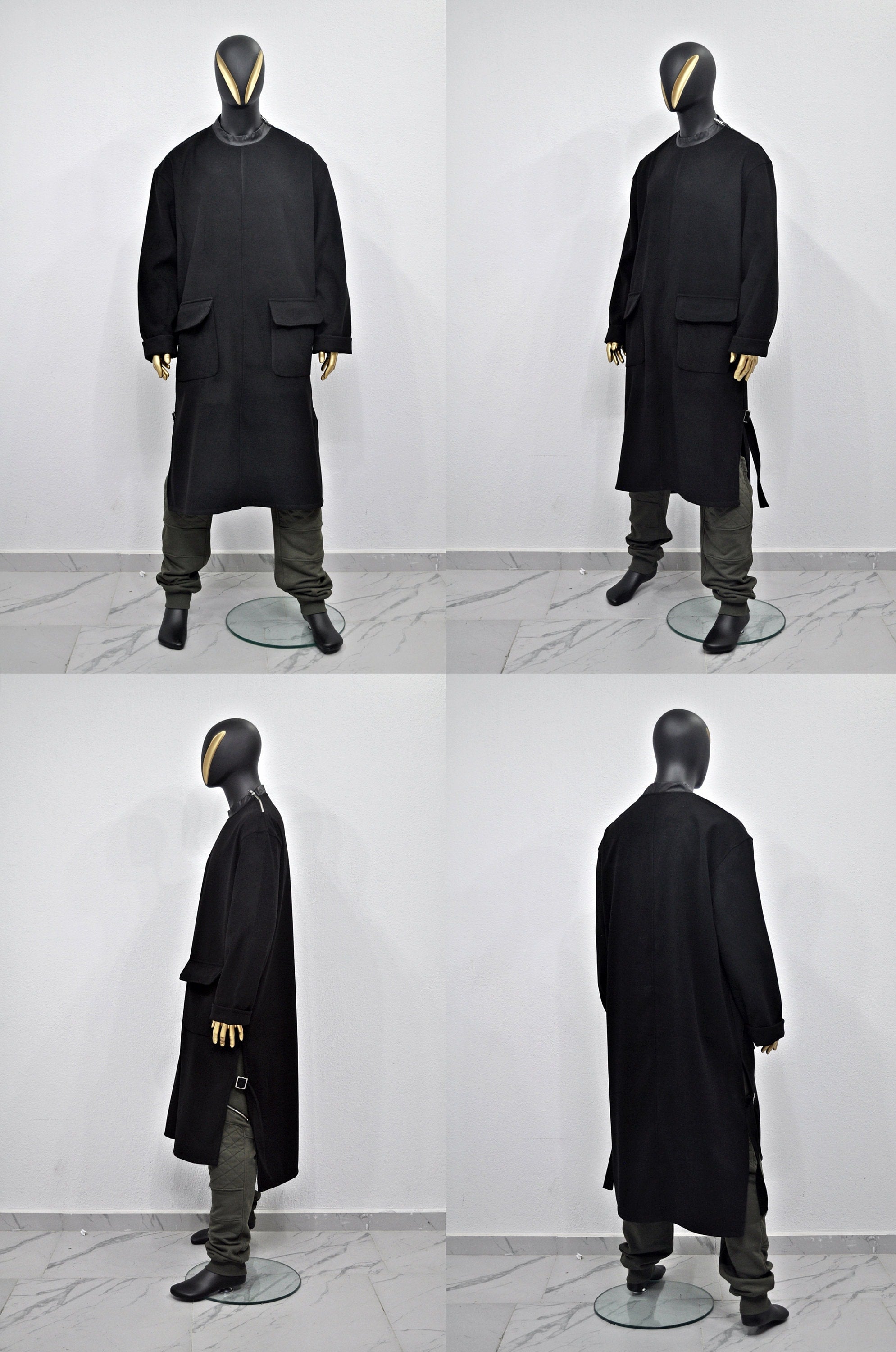 XS-8XL Leather Zip Collar Side Slit Wool Coat Dress/Unisex Long Outer,Cardigan Pancho JACKET,Goth,Punk Cosplay,Apocalyptic Dystopian-BB927