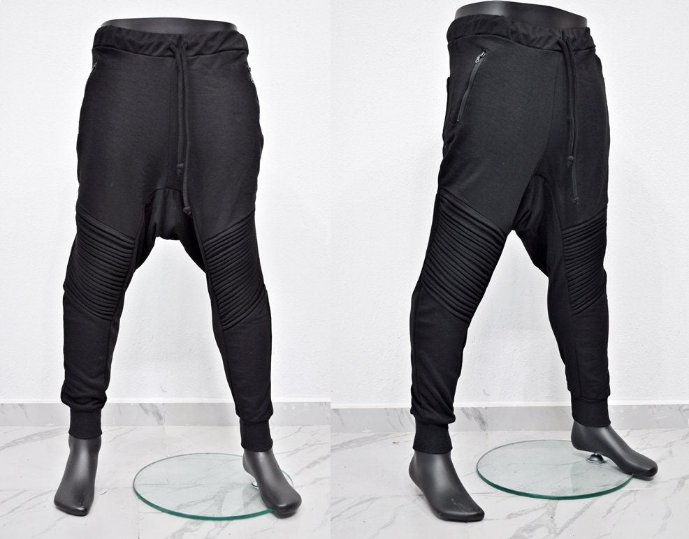 XS-8XL Men's Moto Biker Jogger,Elastic Waist,Zip Pockets,Slim-Fit Quilted Knee,Low Crotch Tappered Harem Relaxed Sweatpant,,Steampunk-BB223