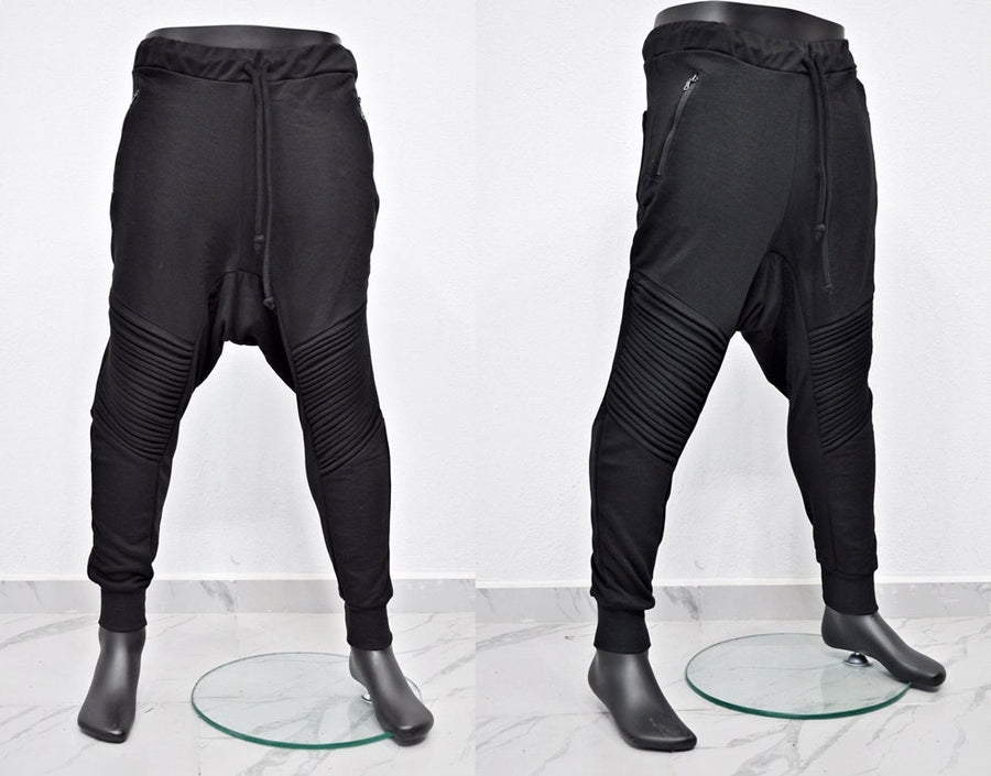 XS-8XL Men's Moto Biker Jogger,Elastic Waist,Zip Pockets,Slim-Fit Quilted Knee,Low Crotch Tappered Harem Relaxed Sweatpant,,Steampunk-BB223