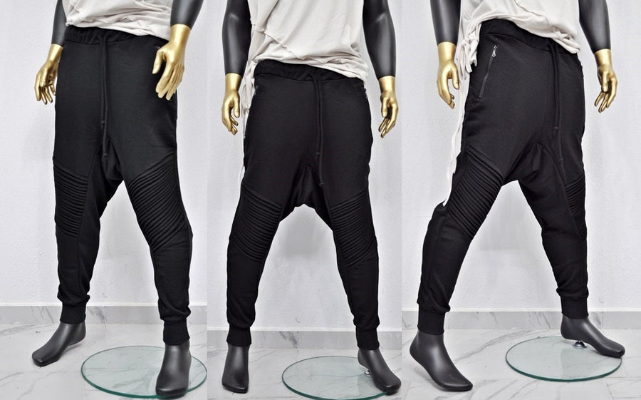 XS-8XL Men's Moto Biker Jogger,Elastic Waist,Zip Pockets,Slim-Fit Quilted Knee,Low Crotch Tappered Harem Relaxed Sweatpant,,Steampunk-BB223