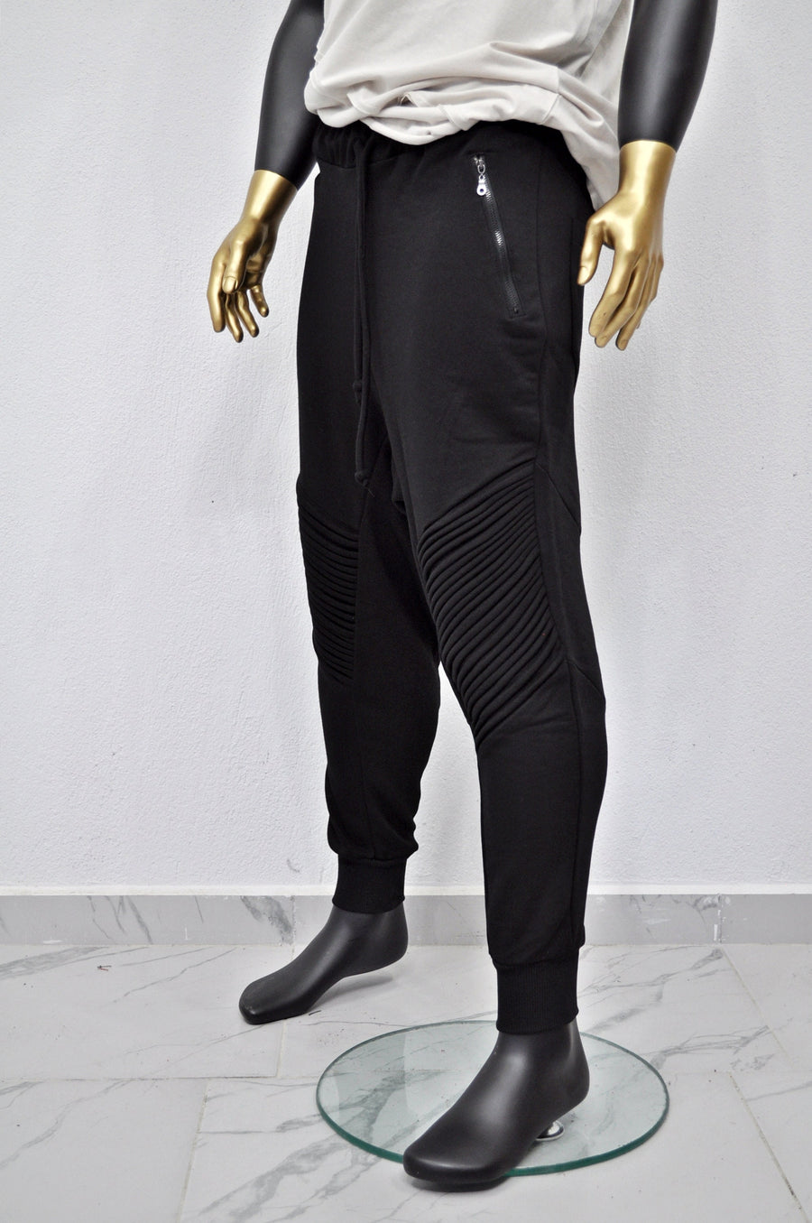 XS-8XL Men's Moto Biker Jogger,Elastic Waist,Zip Pockets,Slim-Fit Quilted Knee,Low Crotch Tappered Harem Relaxed Sweatpant,,Steampunk-BB223
