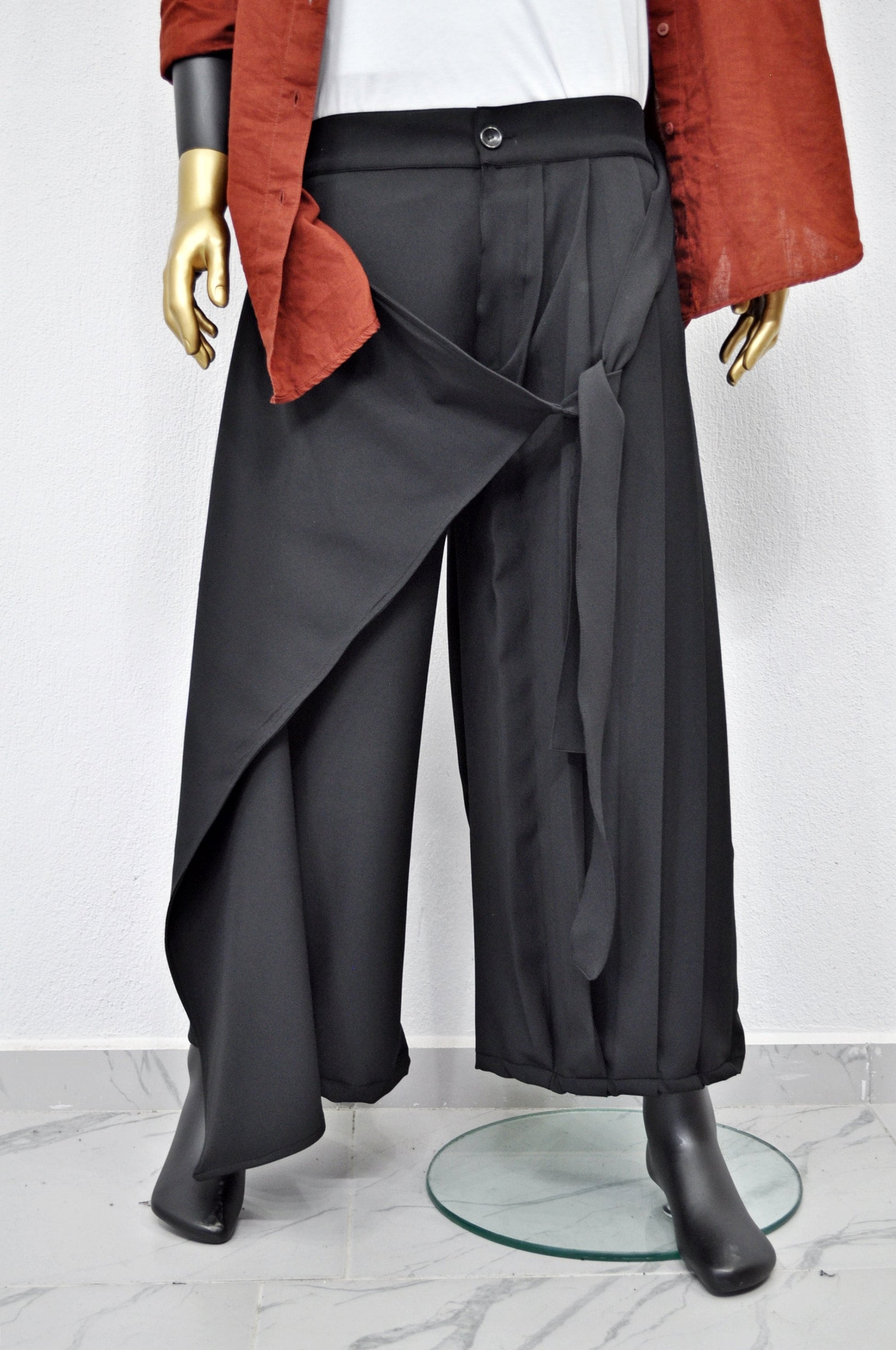 XS - 8XL Wrap Kilt Skirt Pant,Pleated A-line, Dark Black Mid-Lenght irregular Skirt,Relaxed,Cyberpunk Steampunk,Regalo,Kreso,Ashashin- BB868