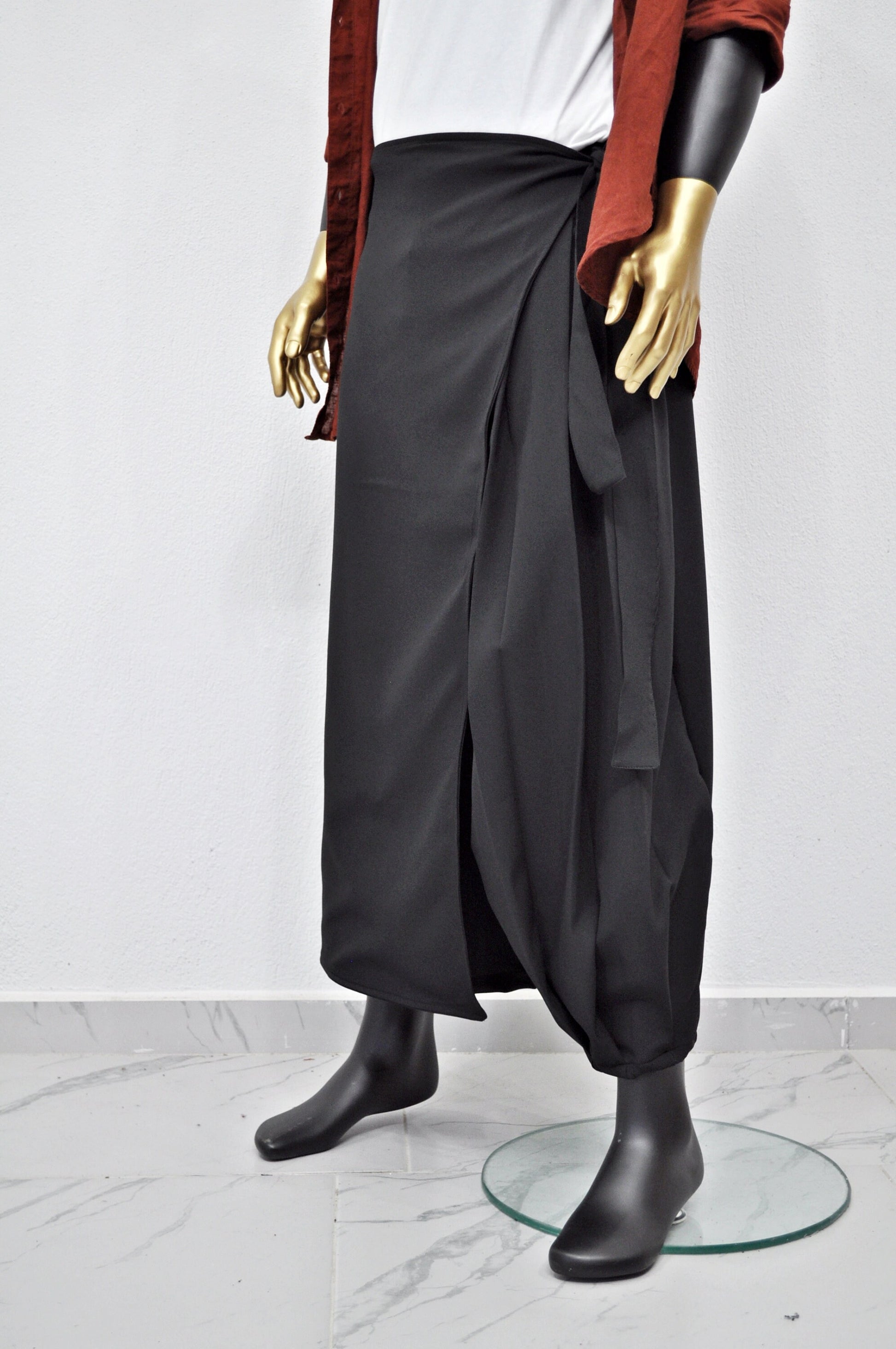 XS - 8XL Wrap Kilt Skirt Pant,Pleated A-line, Dark Black Mid-Lenght irregular Skirt,Relaxed,Cyberpunk Steampunk,Regalo,Kreso,Ashashin- BB868