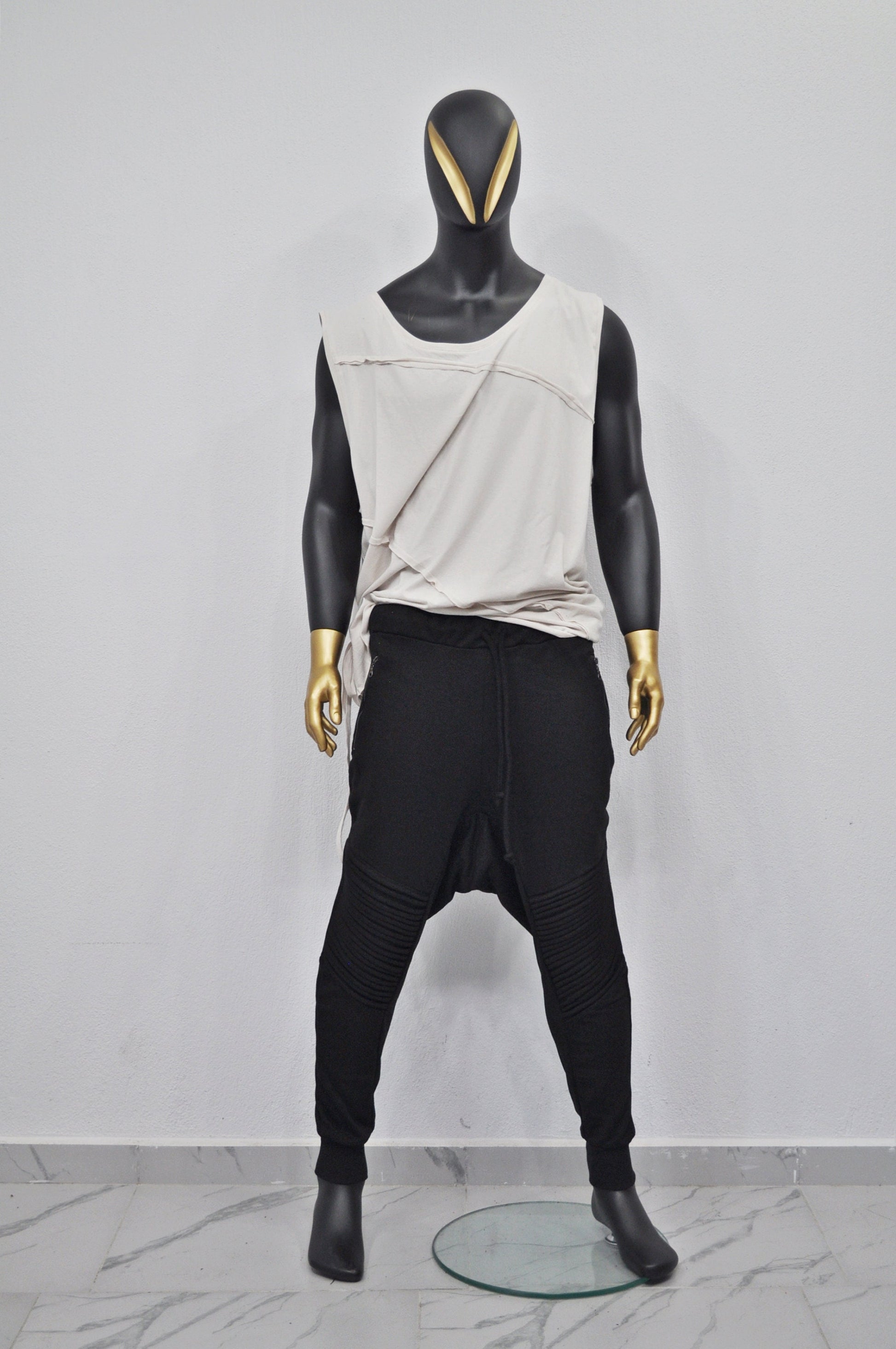 XS-8XL Men's Moto Biker Jogger,Elastic Waist,Zip Pockets,Slim-Fit Quilted Knee,Low Crotch Tappered Harem Relaxed Sweatpant,,Steampunk-BB223