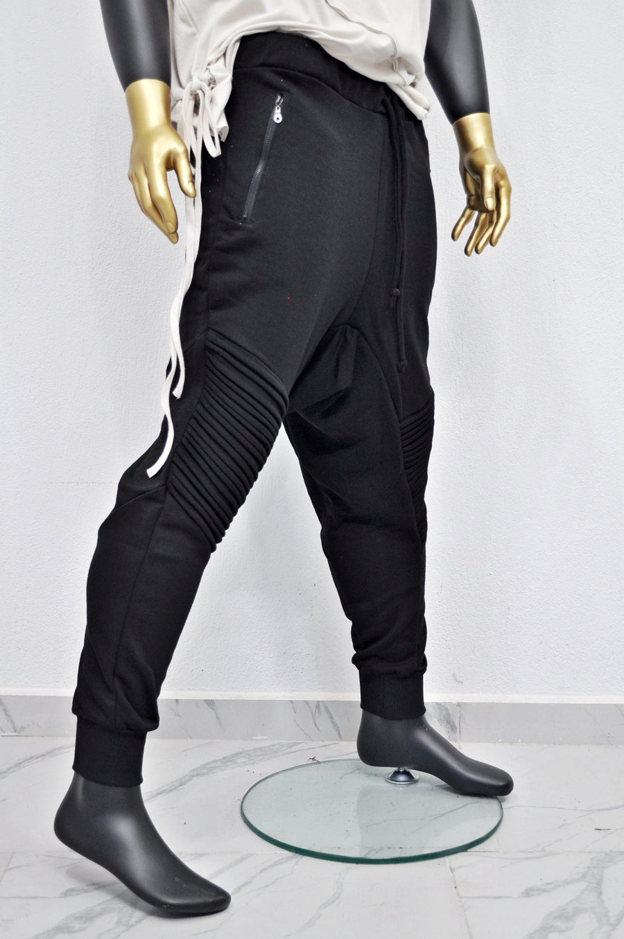 XS-8XL Men's Moto Biker Jogger,Elastic Waist,Zip Pockets,Slim-Fit Quilted Knee,Low Crotch Tappered Harem Relaxed Sweatpant,,Steampunk-BB223