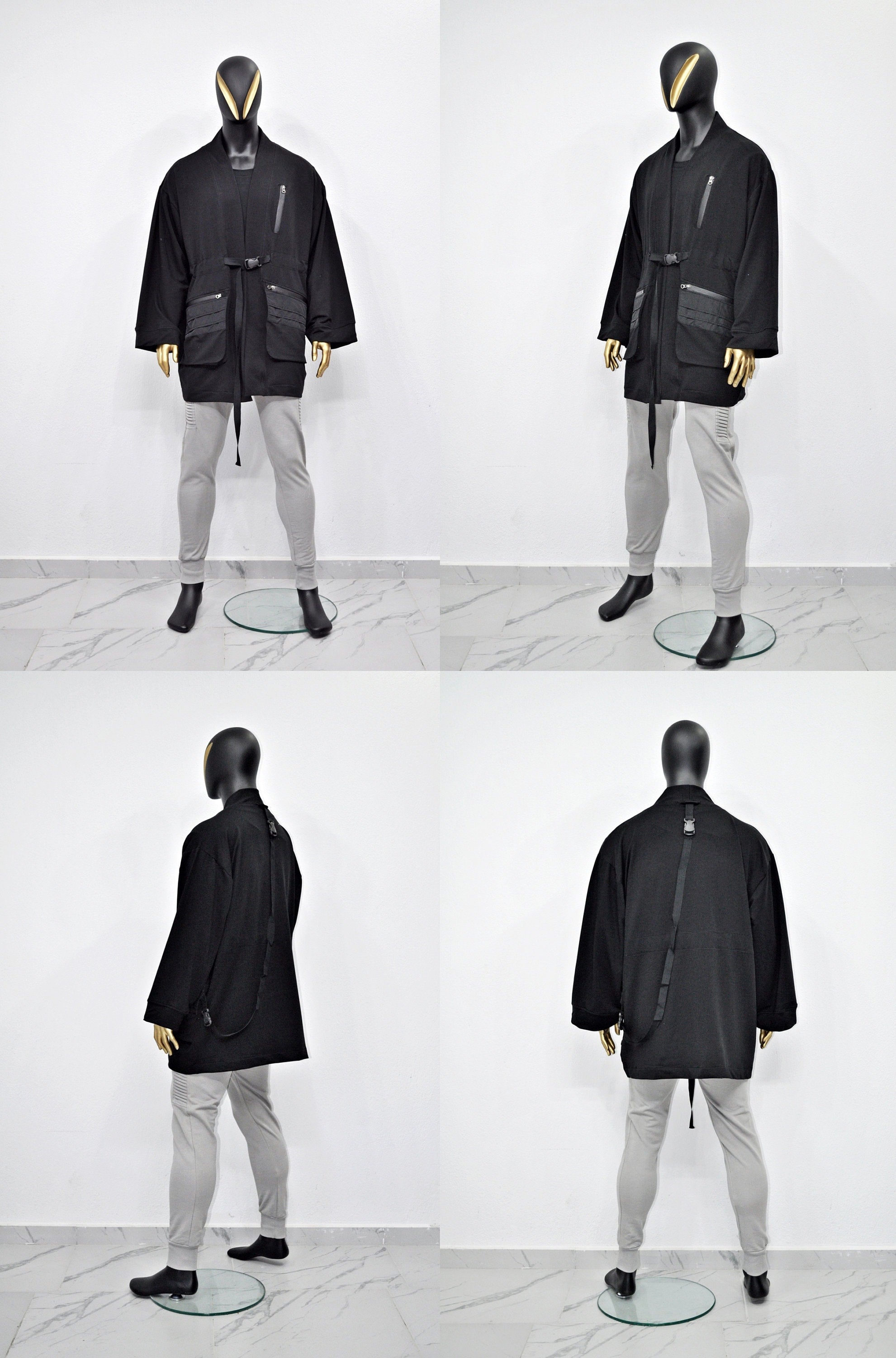 XS-8XL Functional Japanese Kimono Cardigan for Men JACKET,Techwear,Dark Wind Ninja Robe,Essentials Black Design 3/4 Sleeve,Futuristic-BB0158