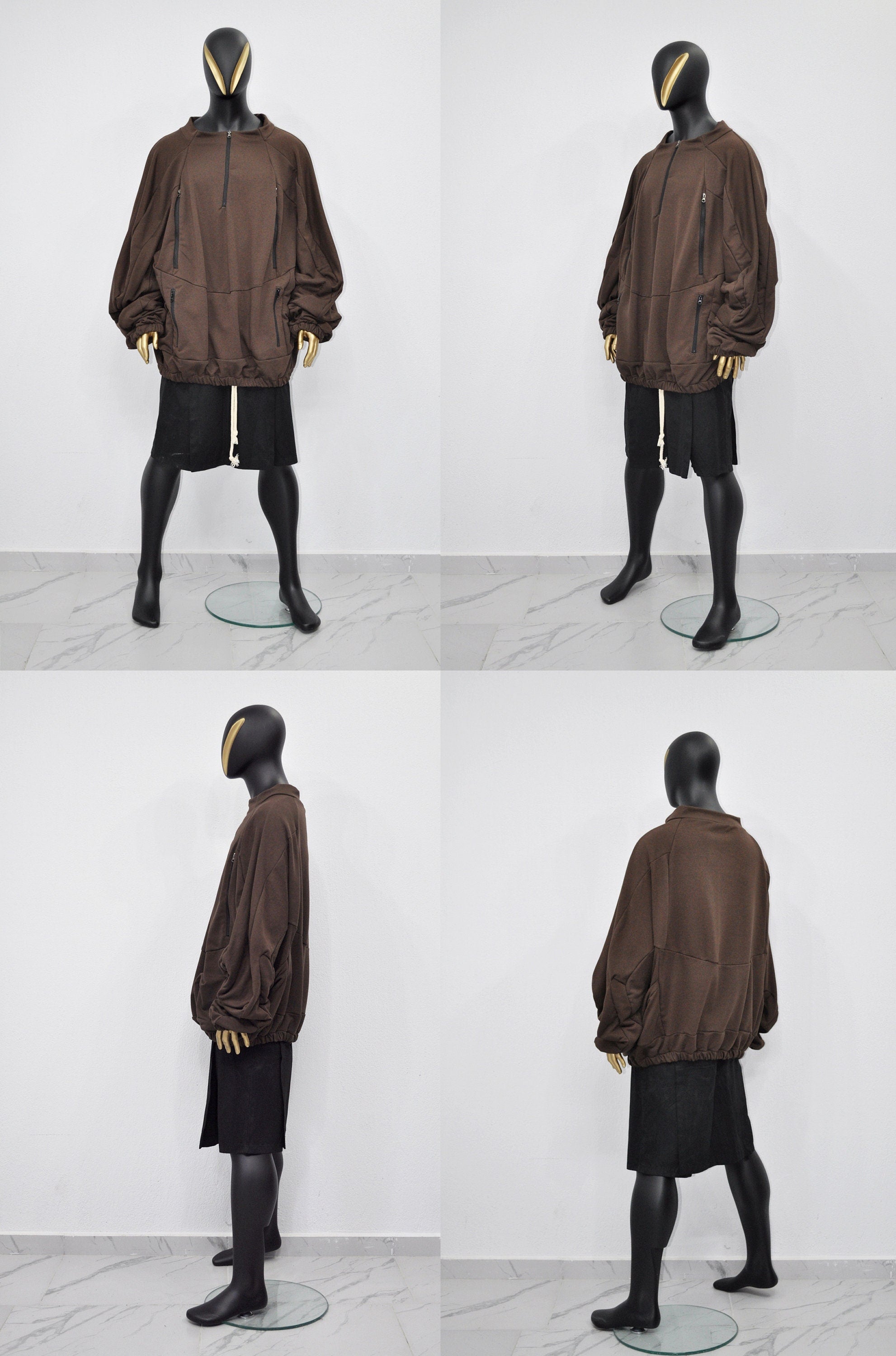 XS-8XL Oversized 1/4 Zip Brown Jacket w/Side Zipper and Pocket,Gift,Reglan Sleeve,Scoop Neck Pullover,Essentials Halloween,Cyber Goth-BB0160