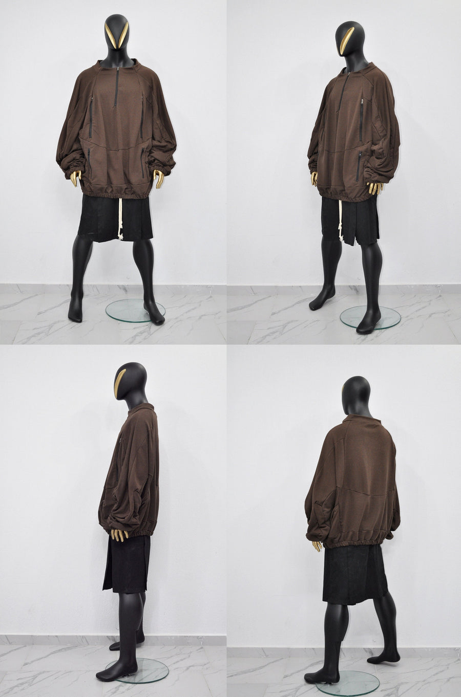 XS-8XL Oversized 1/4 Zip Brown Jacket w/Side Zipper and Pocket,Gift,Reglan Sleeve,Scoop Neck Pullover,Essentials Halloween,Cyber Goth-BB0160
