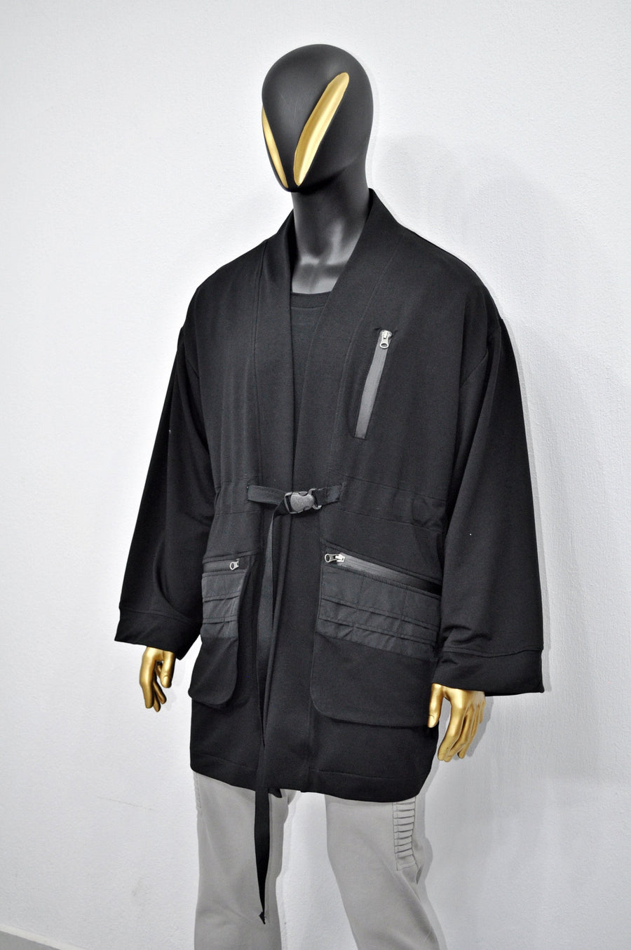 XS-8XL Functional Japanese Kimono Cardigan for Men JACKET,Techwear,Dark Wind Ninja Robe,Essentials Black Design 3/4 Sleeve,Futuristic-BB0158